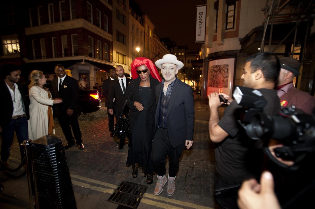 Palamedes P.R. Actress Grace Jones and 80's pop icon Boy Geaorge arrive at the opening of 'Gigi's', a new Italian restaurant in Mayfair. 25 09 2014