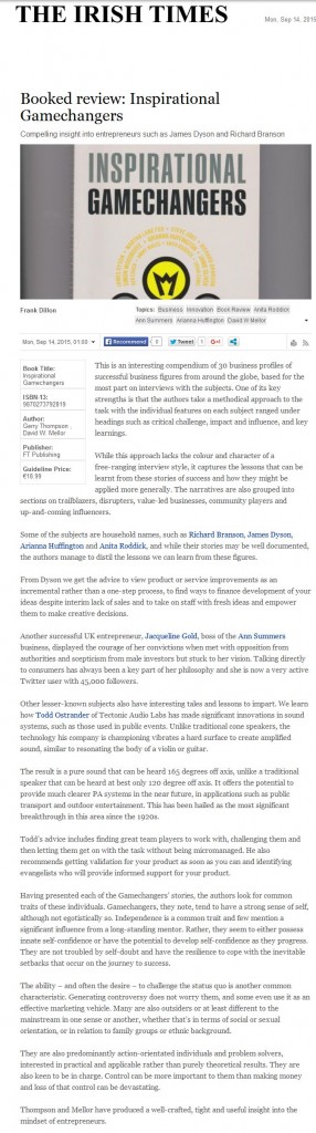 gt Irish Times - O - 140915 Inspirational Gamechangers review