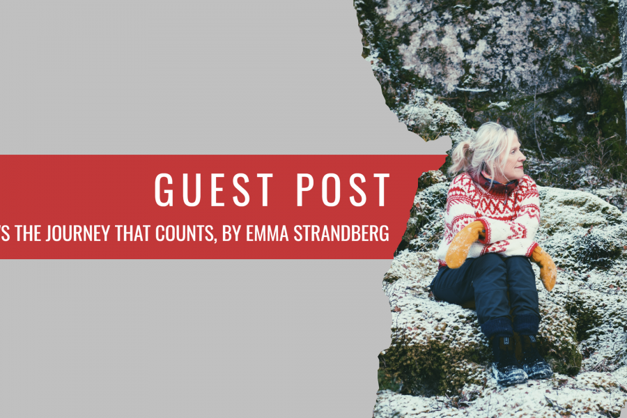 Emma Strandberg, the travel writer, sits in a forest in a photograph that forms part of a cover image for a blog she has written about publishing